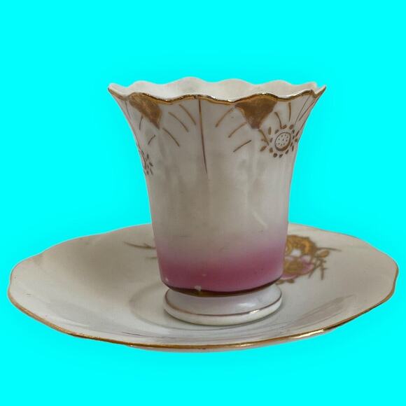 Occupied Japan Demitasse Cup & Japanese Saucer Hand Painted Pink and Gold - Picture 11 of 11